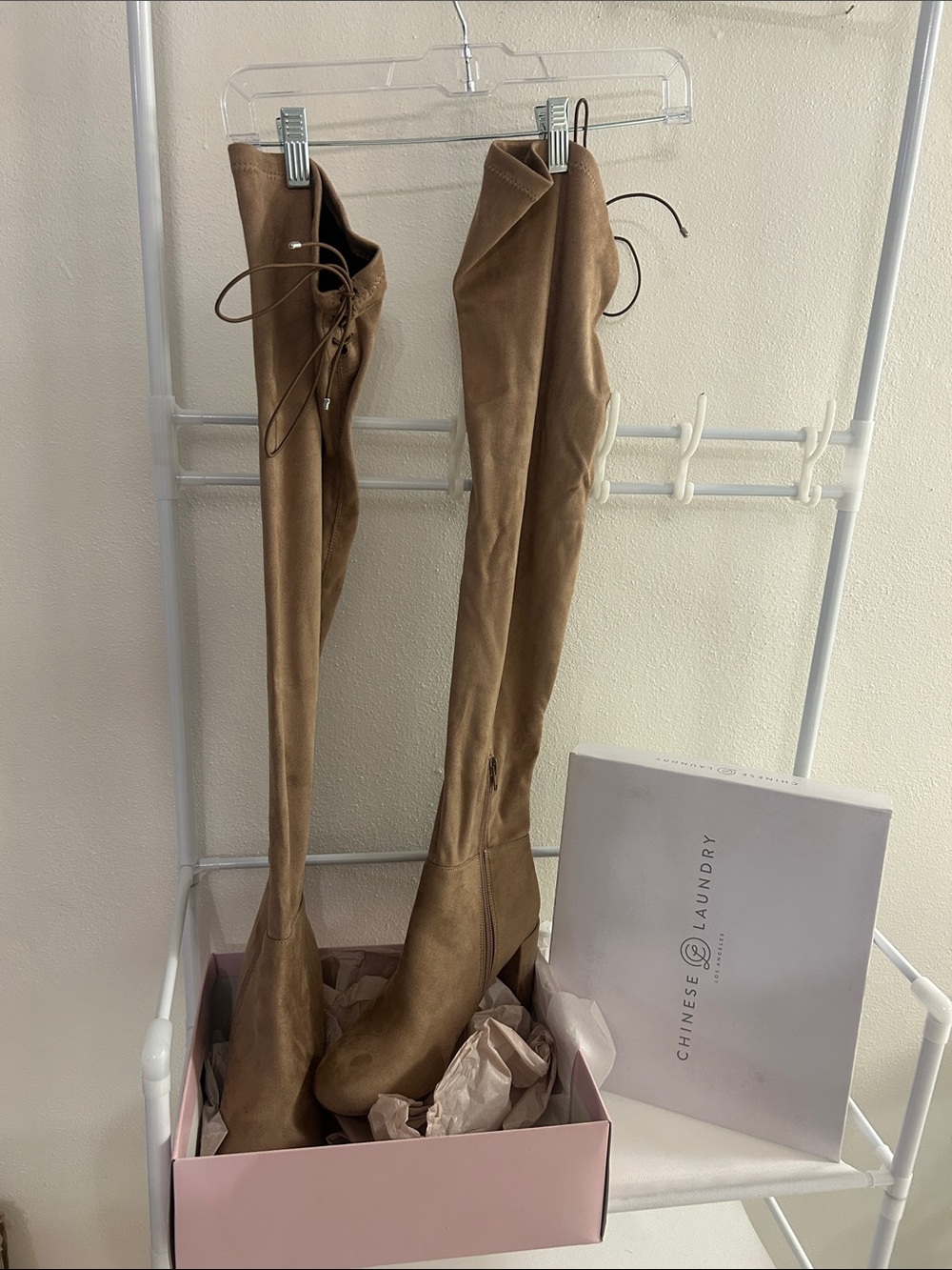 Chinese Laundry Over-the-Knee Suede-Look Thigh Boots in Tan